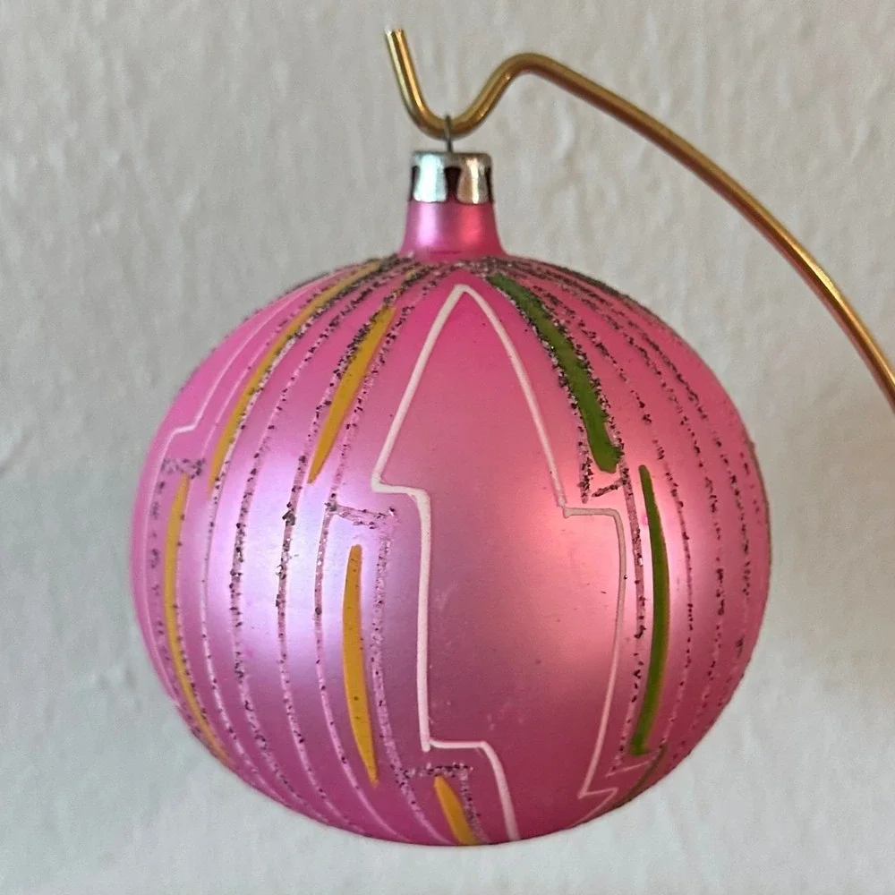 Vtg Poland Jumbo 4'' Polish Mica Ornament Pink Glass Christmas Ball MCM